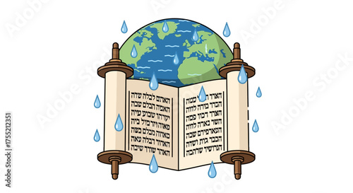 A Torah scroll is depicted with a globe on top, surrounded by falling raindrops.