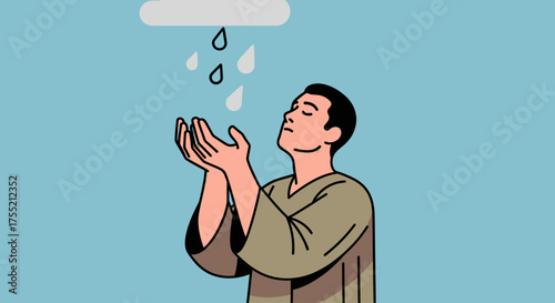 A man with his hands cupped upwards, receiving raindrops from a cloud.