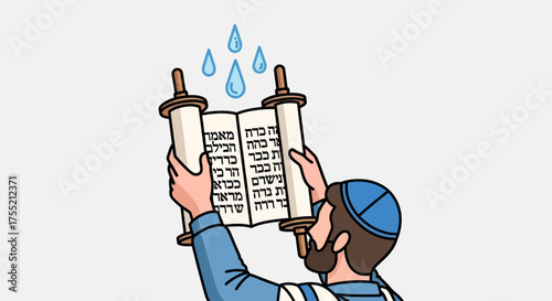 A person holding a Torah scroll with water droplets above, symbolizing a religious event.