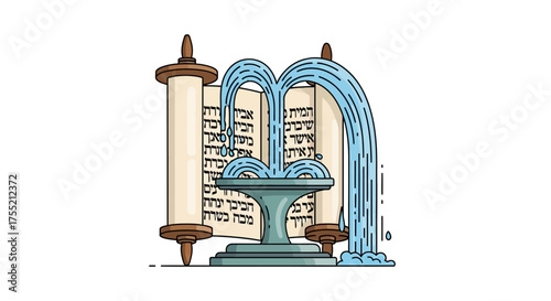 A Torah scroll is depicted next to a fountain with water cascading over its pages, symbolizing the flow of divine knowledge.