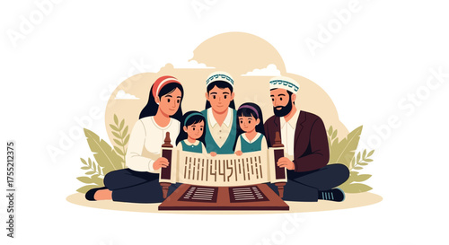 A Jewish family, including parents and two daughters, reading from a Torah scroll, celebrating their culture and religion.