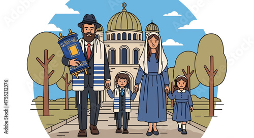 A traditional Jewish family with a father holding a Torah scroll stands together in front of a synagogue.