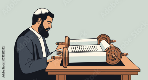 A bearded man wearing a kippah and suit jacket reads from a large Torah scroll on a wooden table, depicting a scene of Jewish religious study.