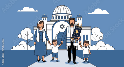 A family stands in front of a synagogue, holding hands and a Torah scroll.