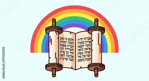 Illustration of a Torah scroll with a rainbow in the background, representing faith.