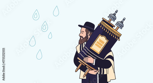 A man in traditional Jewish attire carrying a Torah scroll in the rain.