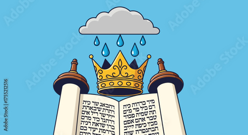 An illustrated open Torah scroll with a golden crown being rained on by a cloud from above.
