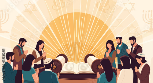 A diverse group of Jewish people gathered around a Torah scroll, praying and celebrating their faith.