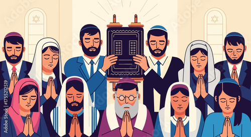 Illustration depicting a group of people of Jewish faith praying with a Torah scroll in a synagogue.