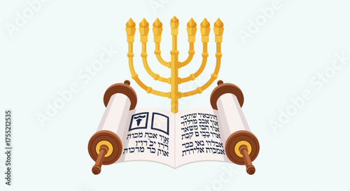 A golden menorah stands behind an open scroll with Hebrew text, symbolizing Jewish culture and religious heritage.