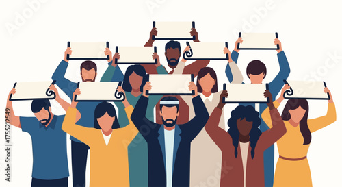 A diverse group of people holding up blank signs for protest or demonstration.