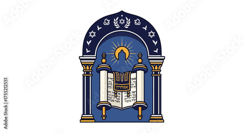 Stylized emblem featuring two open Torah scrolls beneath an ornate arch with a radiant sun symbol, representing Jewish culture and tradition.