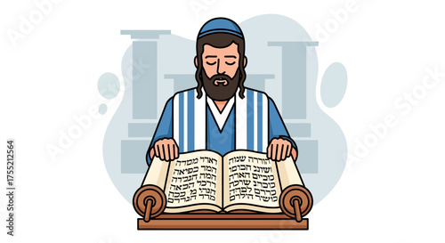A man wearing a kippah and tallit reading a Torah scroll in a synagogue.