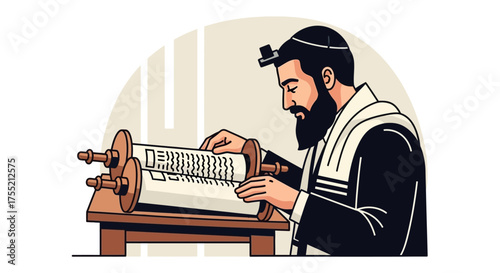 A bearded Jewish man wearing a kippah and tallit reads from a Torah scroll on a wooden stand.