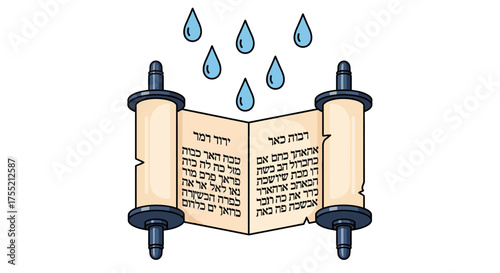 Illustration depicting a Torah scroll with Hebrew text and raindrops falling from above, symbolizing blessings.