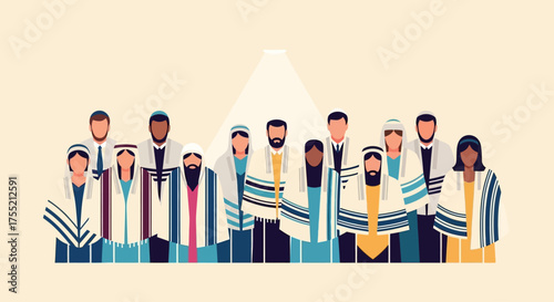 A diverse group of Jewish people wearing prayer shawls standing together as a community.