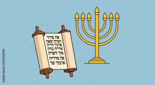 A scroll with Hebrew writing and a golden menorah on a light blue background.
