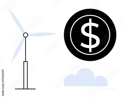 Wind turbine alongside a large dollar sign coin above a cloud, representing renewable energy, economic investment, and green business growth. Ideal for sustainability, innovation, profit, future