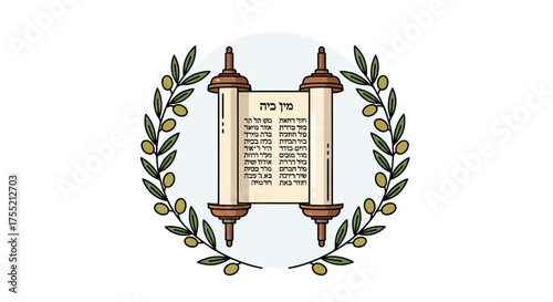 Illustration of a Torah scroll with Hebrew text, surrounded by olive branches, representing religious symbolism.