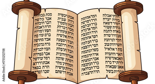 Open scroll with Hebrew text, cartoon illustration of ancient parchment.
