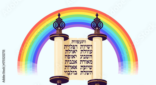 An open Torah scroll with Hebrew text and ornate handles set against a vibrant rainbow background.
