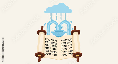 A Torah scroll is depicted with a fountain and a rain cloud above it, symbolizing spiritual nourishment.