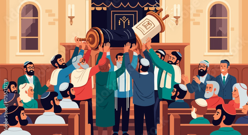 Illustration of a Jewish synagogue with people holding a Torah scroll during a religious ceremony.