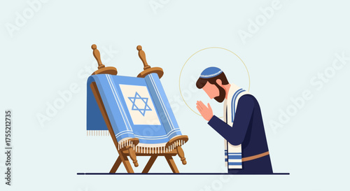 A man in traditional Jewish attire prays before a Torah scroll adorned with the Star of David.