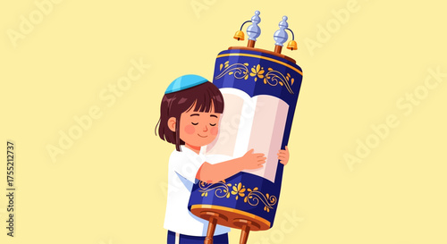 Cartoon illustration of a young Jewish boy wearing a kippah, reverently hugging a decorated blue Torah scroll with closed eyes.