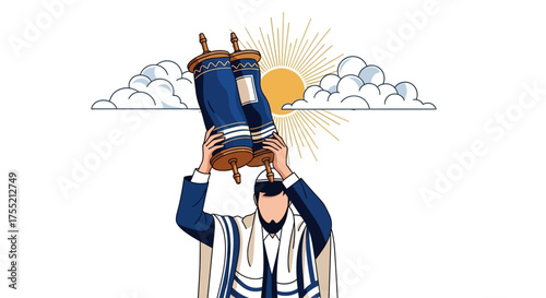 Illustration of a person holding a Torah scroll with clouds and sun in the background.