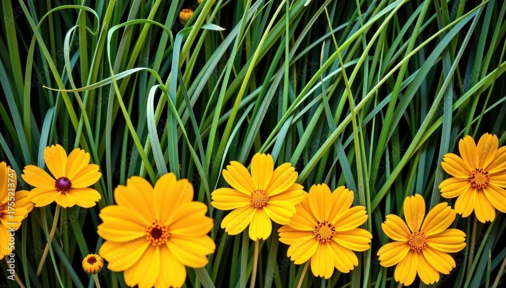Fototapeta premium Vibrant yellow cosmos flowers arranged with green grass in a flat lay composition. Perfect for summer or autumn themes, photography, still life, plant