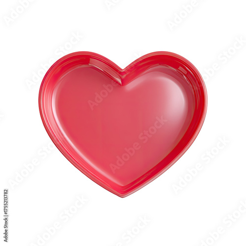 A vibrant, glossy red heart-shaped dish or trinket tray, smooth and seemingly ceramic