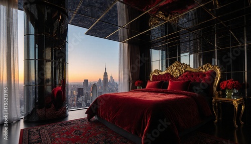 Foto Luxurious cityscape bedroom vista.