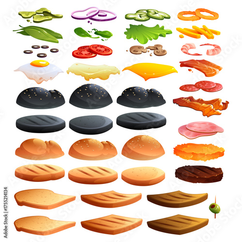 Various ingredients and toppings for creating custom burgers and sandwiches