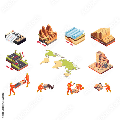Illustrations of Earthquakes and Their Effects Seismic Activity, Ground Deformation, and Rescue Operations