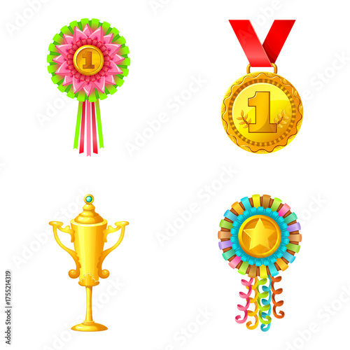 Collection of Award Ribbons, Medals, and Trophies for First Place Victories