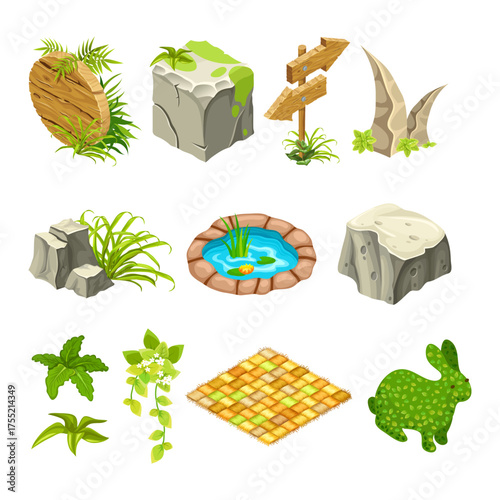 Isometric Game Assets Nature Elements, Pond, Stones, Plants, and Signpost