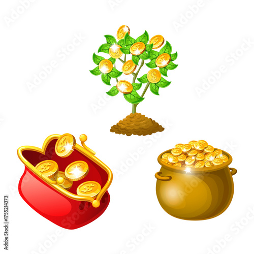 Money growth illustrated a pot of gold, a coin-filled purse, and a sapling bearing coins