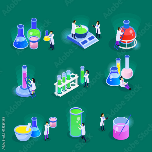 Isometric laboratory scene with scientists conducting experiments and analyzing results