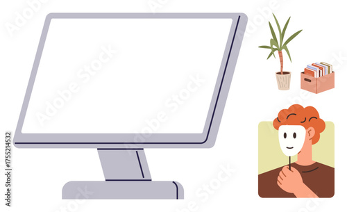 Large computer monitor beside a potted plant, file box, and person holding a mask over their face. Ideal for identity, technology, productivity, remote work, anonymity balance creativity. Minimal