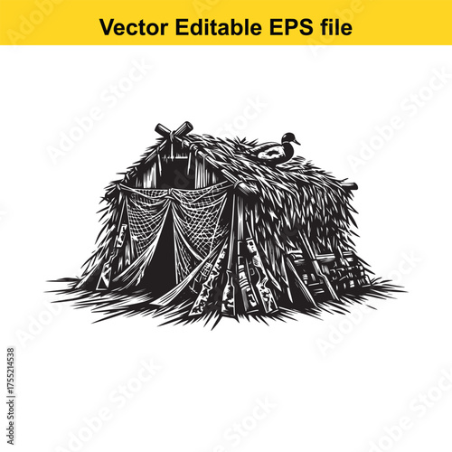 Vector art of a rustic hut made of natural materials, with a thatched roof and walls, featuring a duck on top and a net at the entrance