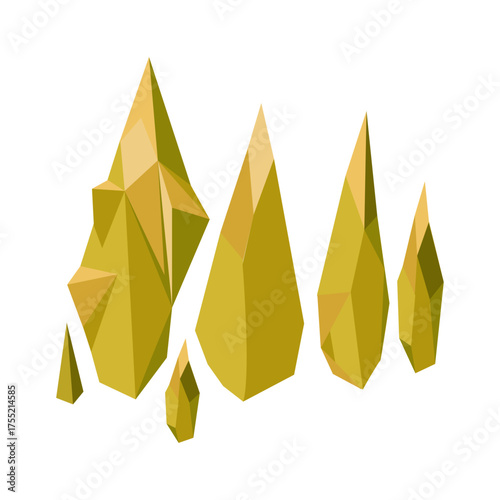 Abstract low-poly crystalline mountain range with a golden-yellow hue on a white background