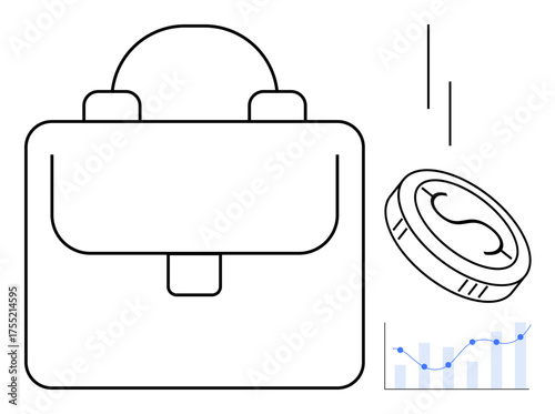 Briefcase with a coin dropping nearby and a line graph with rising data bars. Ideal for finance, investment, savings, business success, wealth, career growth, economic progress simple flat metaphor