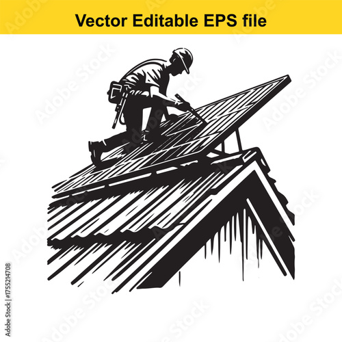 Vector art of roofer installing solar panels on a house roof, black and white illustration