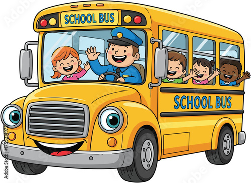 Happy Kids Riding a School Bus Cartoon Illustration