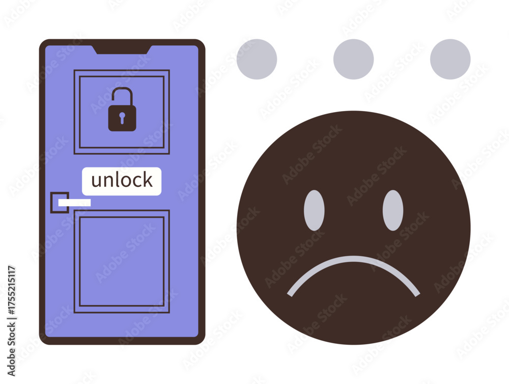 Fototapeta premium Door with lock and unlock sign beside sad face, representing limitation, restriction, frustration, security issue. Ideal for access control, user error, cyber safety, data privacy system