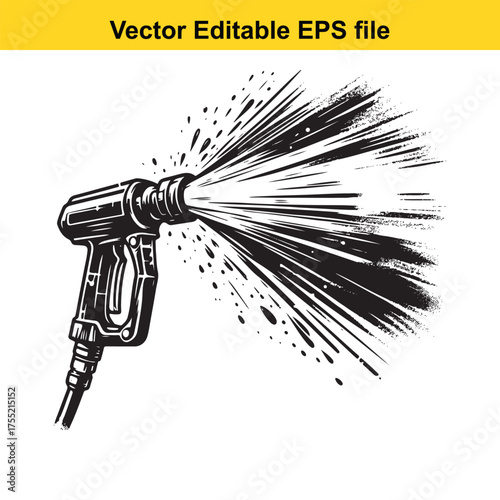 Vector art of dynamic black and white illustration of a highpressure washer nozzle spraying water with force