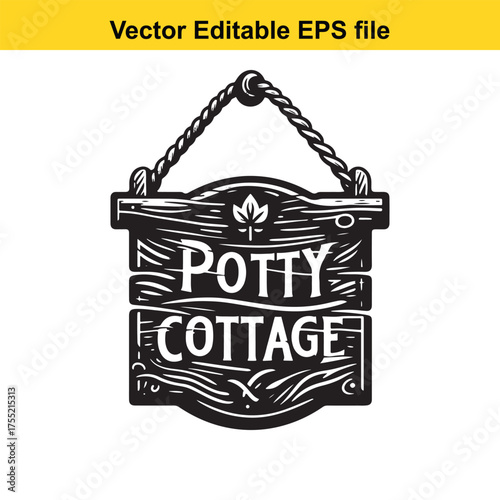 Vector art of wooden sign with carved text potty cottage hanging by a rope