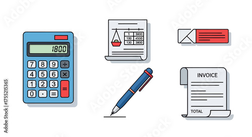 Accounting and Bookkeeping Vector Icon Pack Calculator, Balance Sheet, Pen, and Invoice
