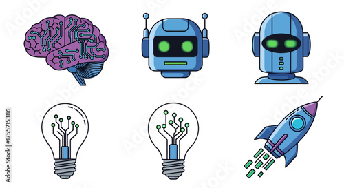 Digital Brain, Robots, Light Bulb, and Rocket Illustrations - Concepts of Innovation and Technology